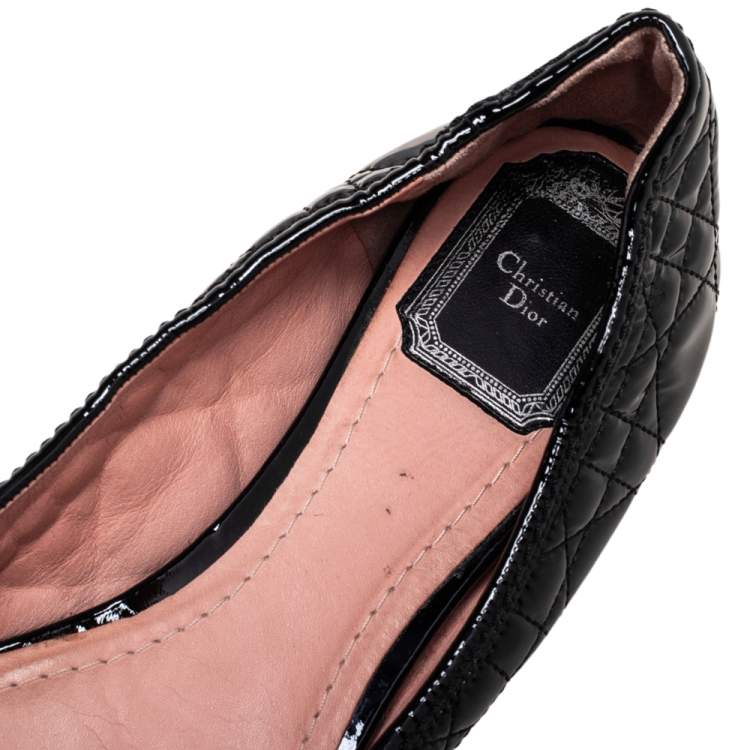 Pre Owned Christian Dior Black Patent Cannage Bow Ballet Flats Size 38.5