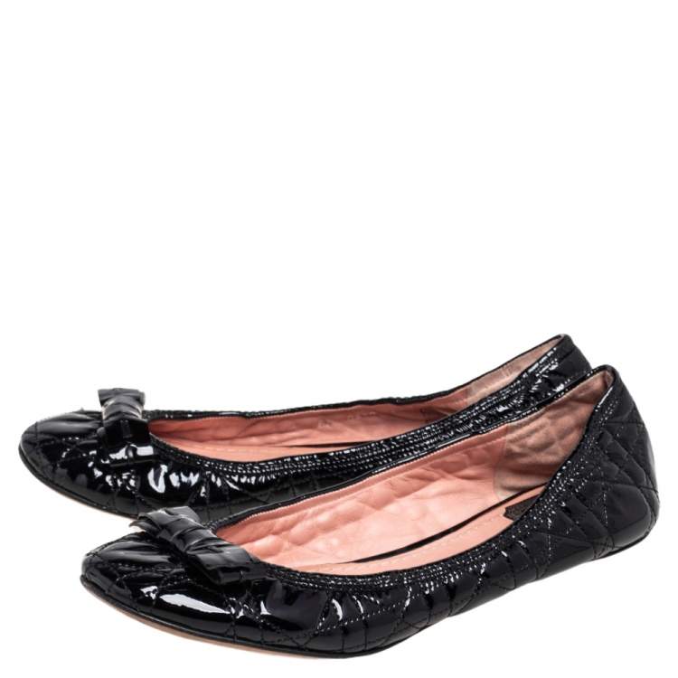 Pre Owned Christian Dior Black Patent Cannage Bow Ballet Flats Size 38.5