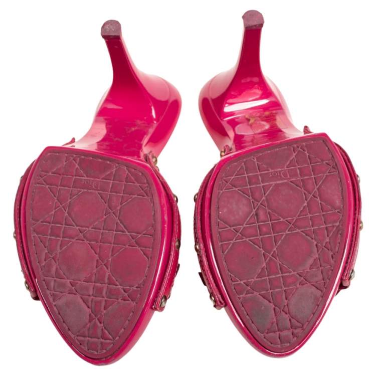 Pre Owned Dior Pink Patent Leather Bow Studded Open Toe Slide Sandals Size 38.5