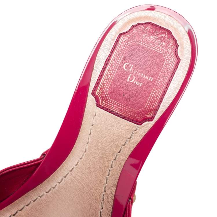Pre Owned Dior Pink Patent Leather Bow Studded Open Toe Slide Sandals Size 38.5