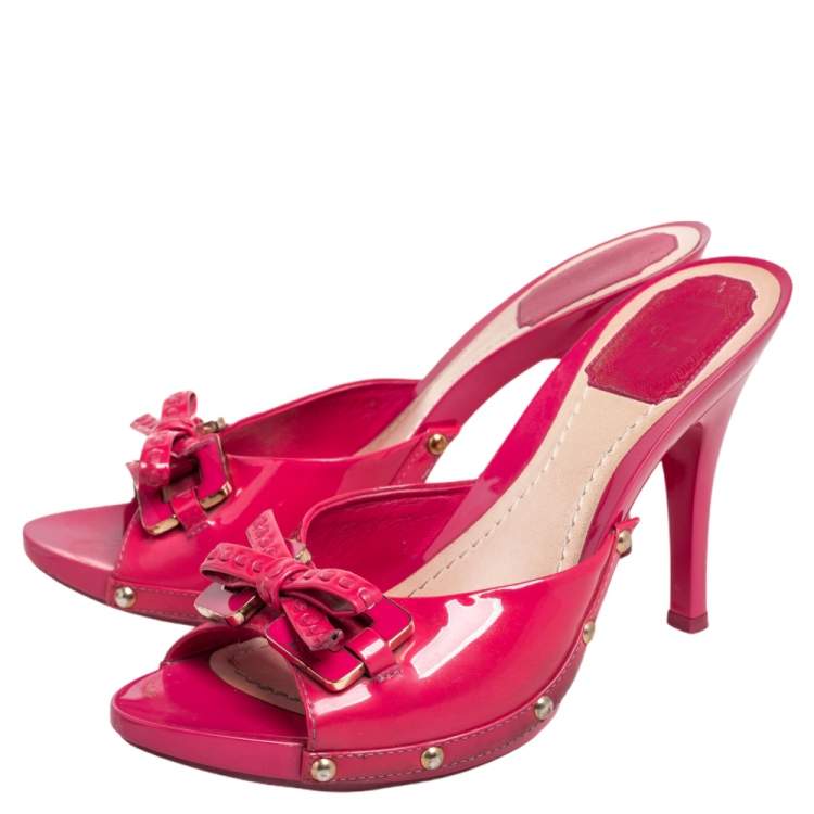 Pre Owned Dior Pink Patent Leather Bow Studded Open Toe Slide Sandals Size 38.5