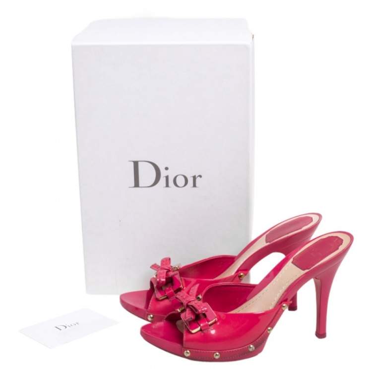Pre Owned Dior Pink Patent Leather Bow Studded Open Toe Slide Sandals Size 38.5