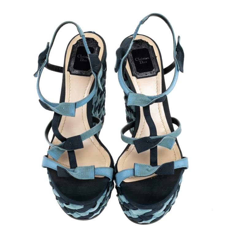 Pre Owned Dior Blue Denim Ankle Wrap Wedge Platform Sandals Size 38