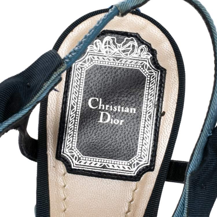 Pre Owned Dior Blue Denim Ankle Wrap Wedge Platform Sandals Size 38