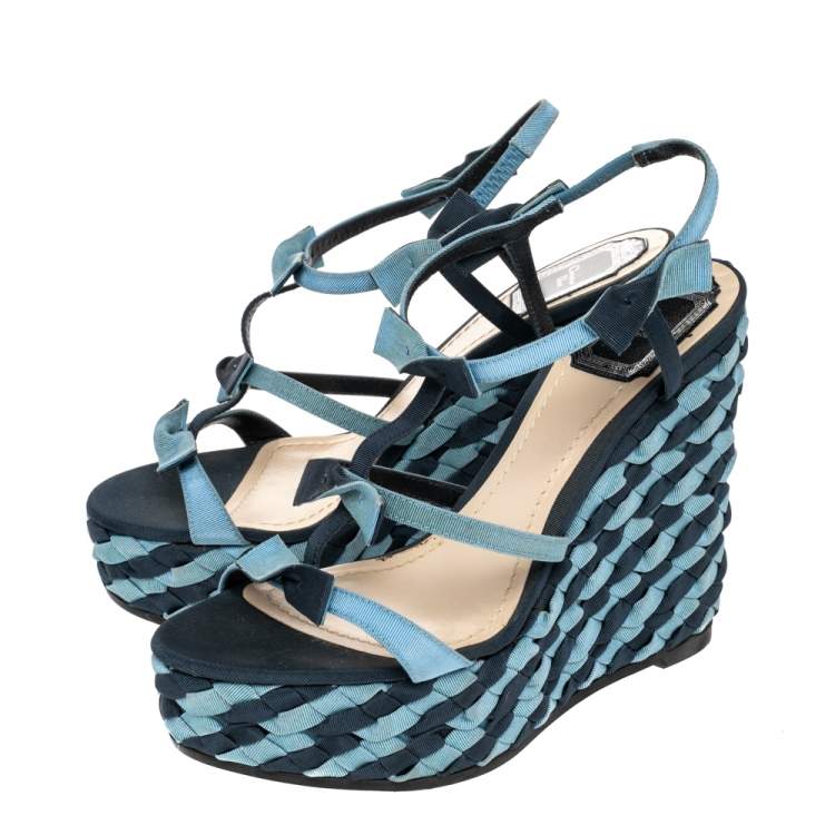 Pre Owned Dior Blue Denim Ankle Wrap Wedge Platform Sandals Size 38