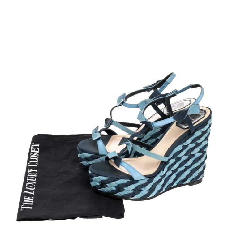 Pre Owned Dior Blue Denim Ankle Wrap Wedge Platform Sandals Size 38