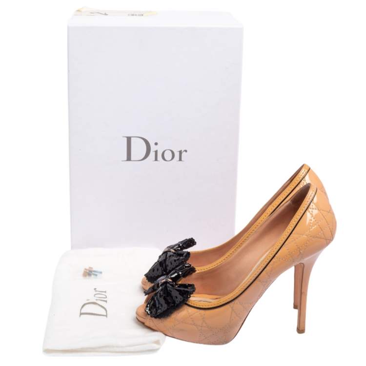 Pre Owned Dior Beige Patent Cannage Leather Bow Peep Toe Platform Pumps Size 38