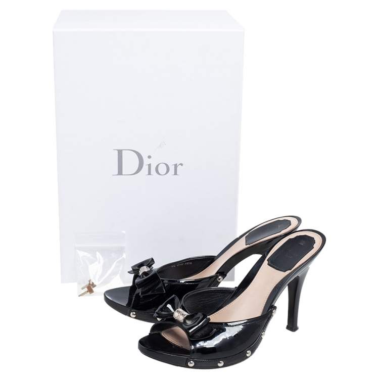 Pre Owned Dior Black Patent Leather Bow Open Toe Slide Sandals Size 38.5