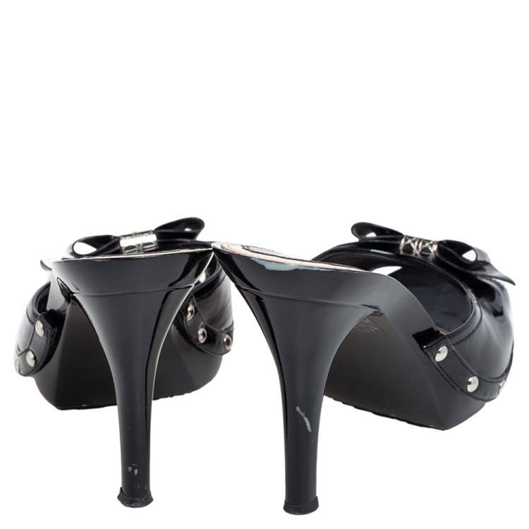 Pre Owned Dior Black Patent Leather Bow Open Toe Slide Sandals Size 38.5