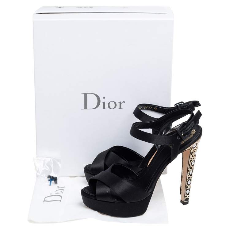 Pre Owned Dior Black Satin Crystal Cannage Heel Platform Sandals Size 38
