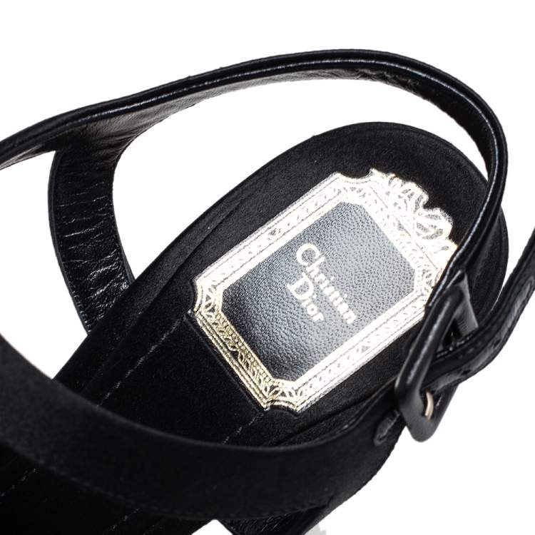 Pre Owned Dior Black Satin Crystal Cannage Heel Platform Sandals Size 38