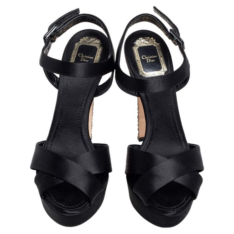 Pre Owned Dior Black Satin Crystal Cannage Heel Platform Sandals Size 38