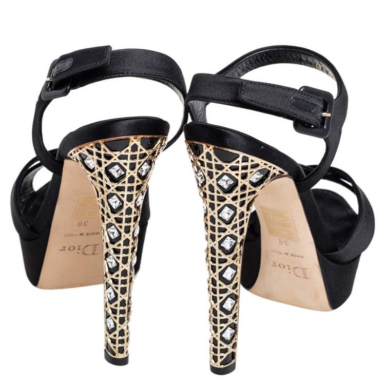 Pre Owned Dior Black Satin Crystal Cannage Heel Platform Sandals Size 38