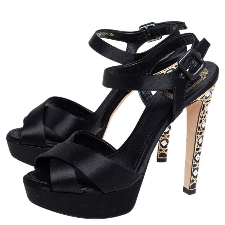 Pre Owned Dior Black Satin Crystal Cannage Heel Platform Sandals Size 38
