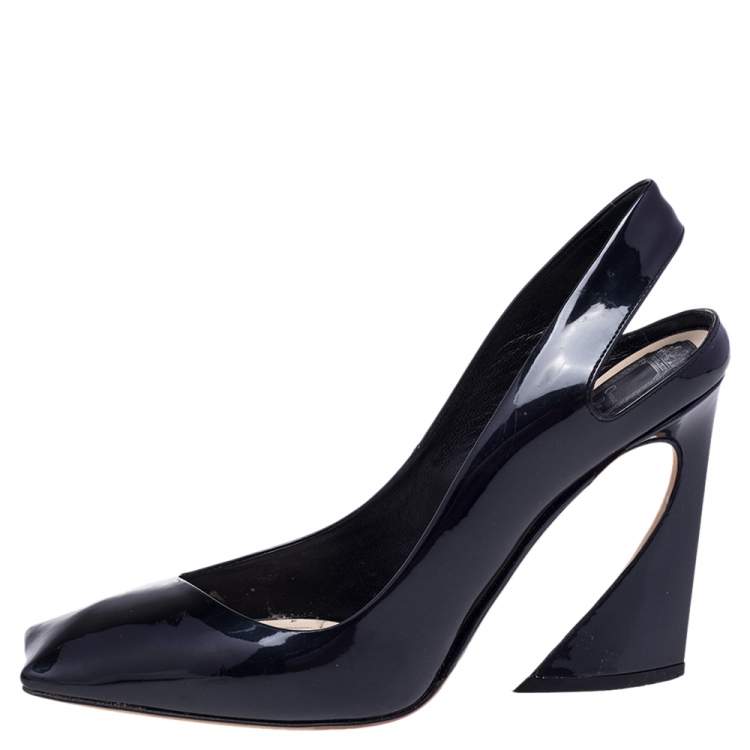 Pre Owned Dior Dark Blue Patent Leather Square Toe Slingback Sandals Size 39