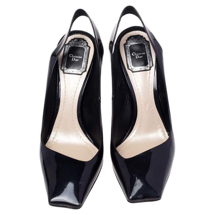 Pre Owned Dior Dark Blue Patent Leather Square Toe Slingback Sandals Size 39
