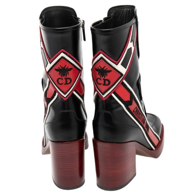 Pre Owned Dior Black/Red Leather Diorally Ankle Length Boots Size 37
