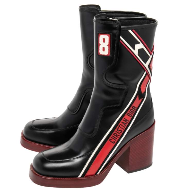 Pre Owned Dior Black/Red Leather Diorally Ankle Length Boots Size 37