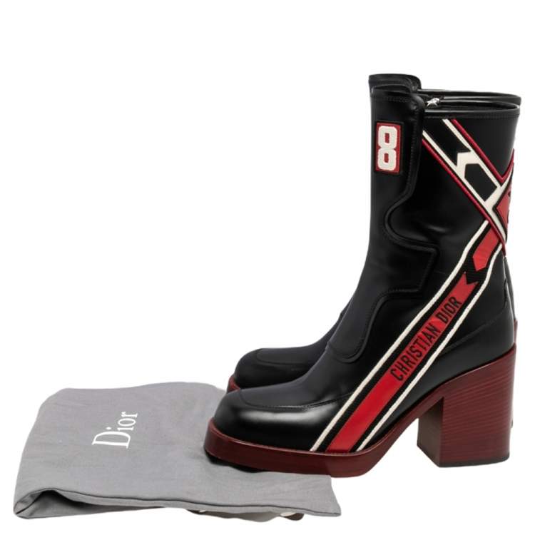 Pre Owned Dior Black/Red Leather Diorally Ankle Length Boots Size 37