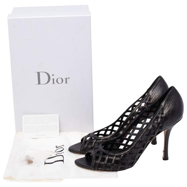Pre Owned Dior Black Cutout Woven Leather Peep Toe Pumps Size 40