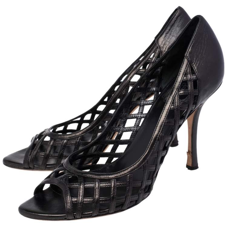 Pre Owned Dior Black Cutout Woven Leather Peep Toe Pumps Size 40