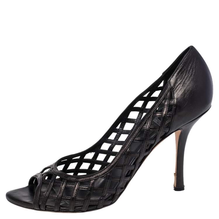 Pre Owned Dior Black Cutout Woven Leather Peep Toe Pumps Size 40
