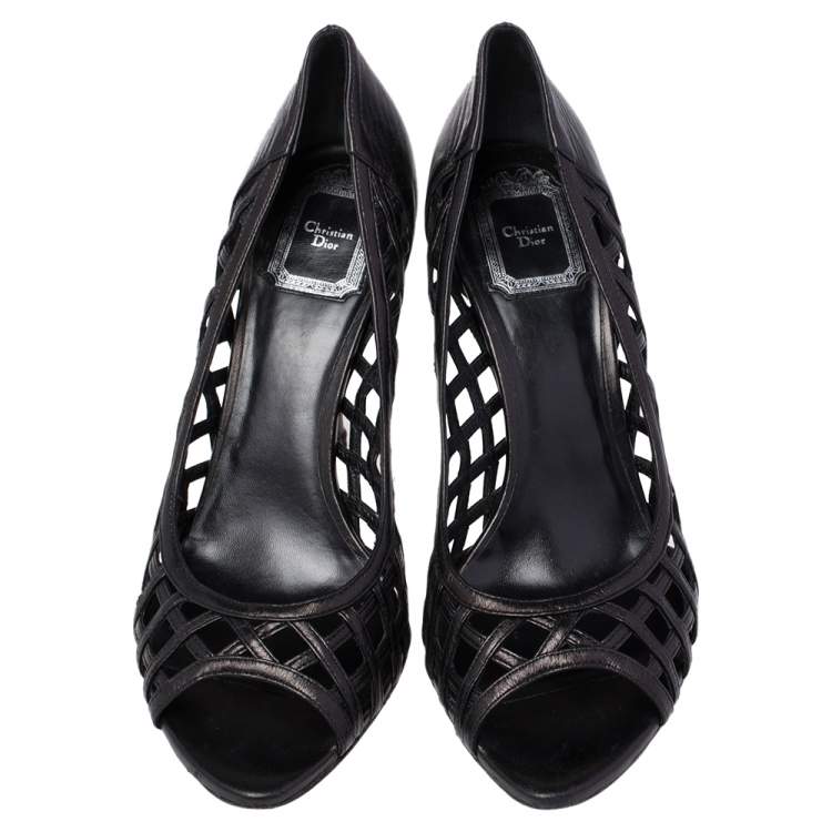 Pre Owned Dior Black Cutout Woven Leather Peep Toe Pumps Size 40