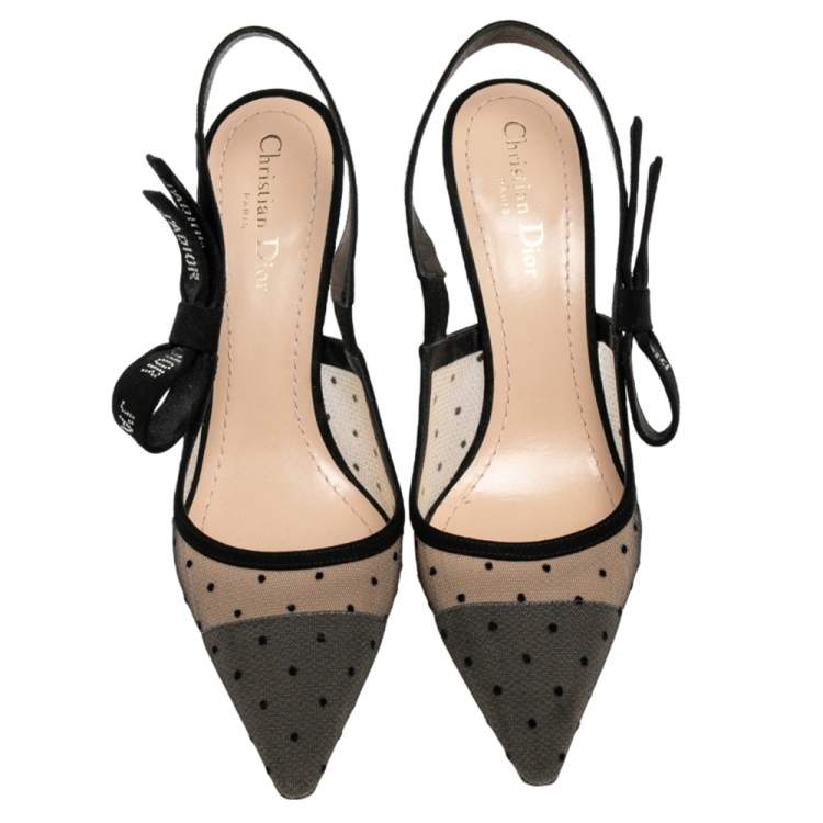 Pre Owned Dior Black Plumetis Mesh J'adior Studded Suede Slingback Pointed Toe Sandals Size 40