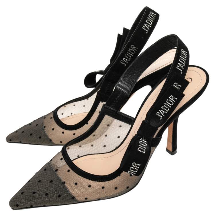 Pre Owned Dior Black Plumetis Mesh J'adior Studded Suede Slingback Pointed Toe Sandals Size 40