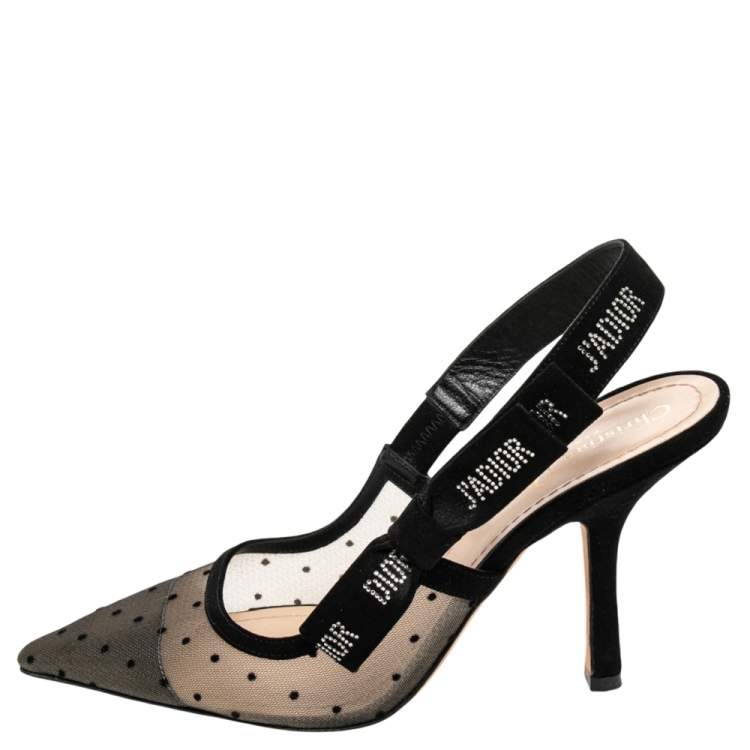 Pre Owned Dior Black Plumetis Mesh J'adior Studded Suede Slingback Pointed Toe Sandals Size 40