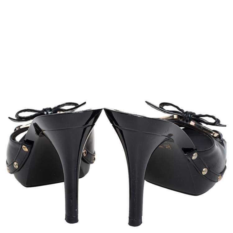 Pre Owned Dior Black Patent Leather Bow Slide Sandals Size 37