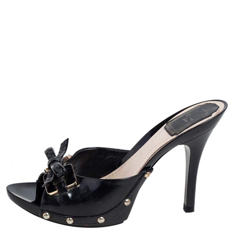 Pre Owned Dior Black Patent Leather Bow Slide Sandals Size 37