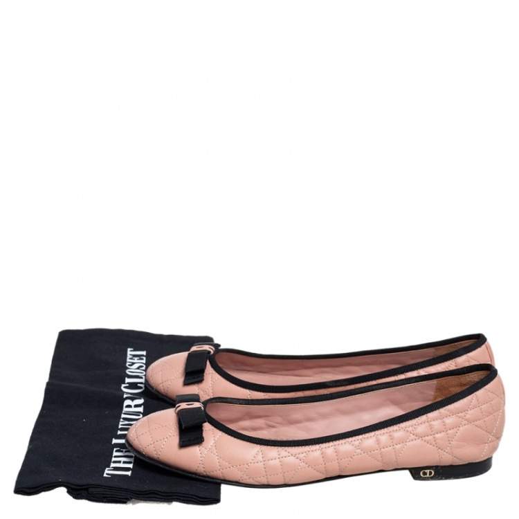 Pre Owned Dior Light Pink/Black Cannage Leather Bow Ballet Flats Size 40