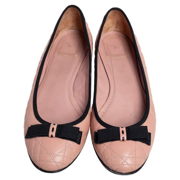 Pre Owned Dior Light Pink/Black Cannage Leather Bow Ballet Flats Size 40