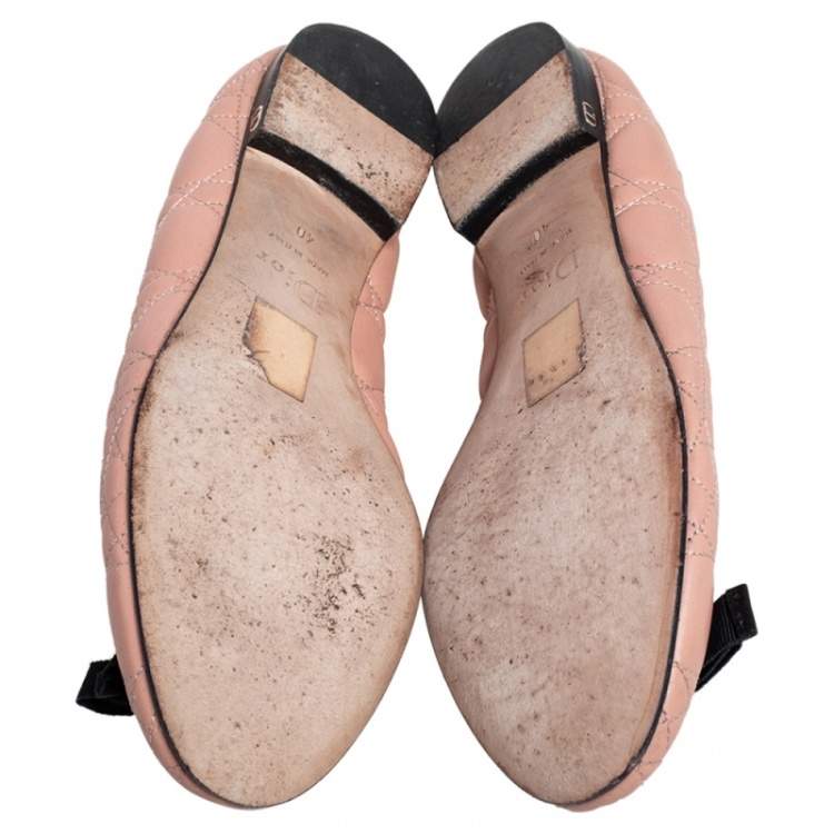 Pre Owned Dior Light Pink/Black Cannage Leather Bow Ballet Flats Size 40