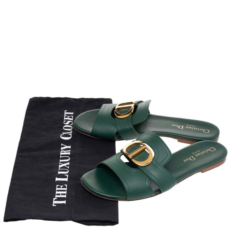 Pre Owned Dior Green Leather 30 Montaigne Flat Slide Sandals Size 37