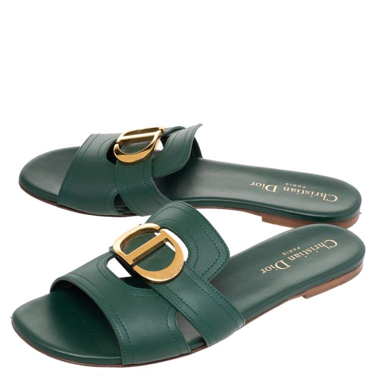 Pre Owned Dior Green Leather 30 Montaigne Flat Slide Sandals Size 37