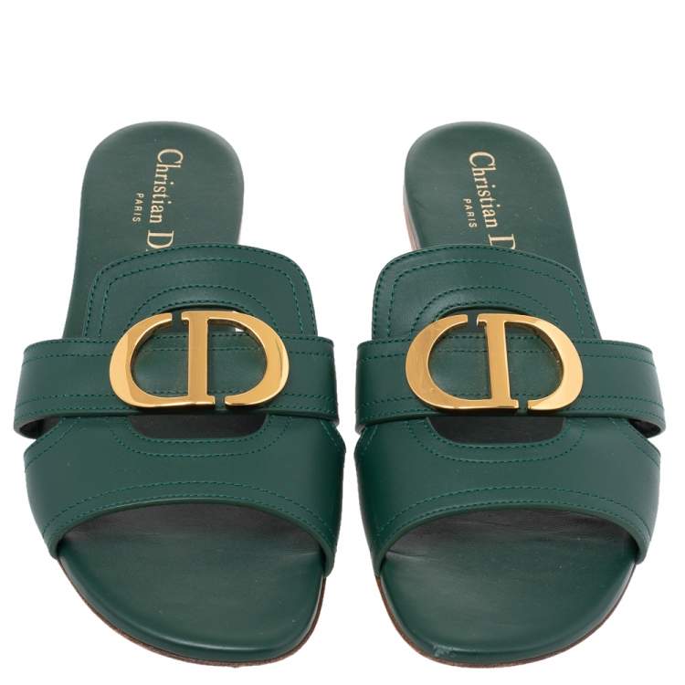 Pre Owned Dior Green Leather 30 Montaigne Flat Slide Sandals Size 37