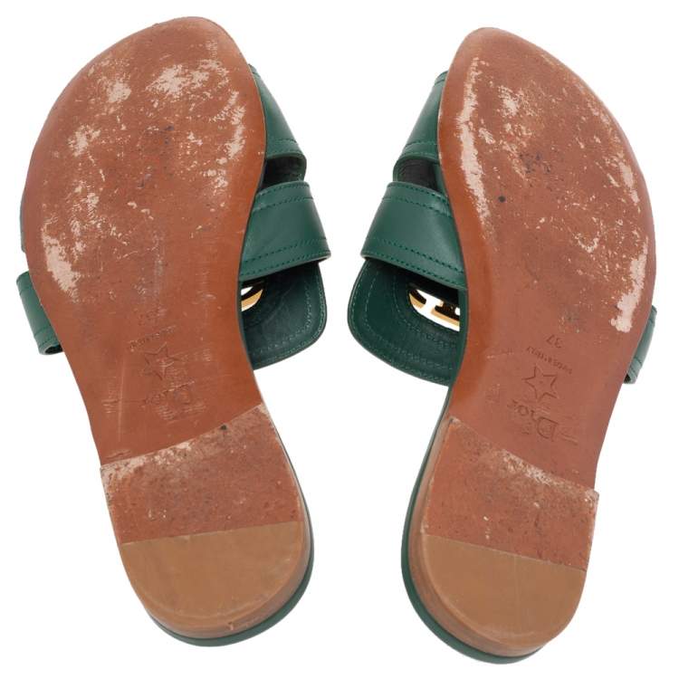 Pre Owned Dior Green Leather 30 Montaigne Flat Slide Sandals Size 37