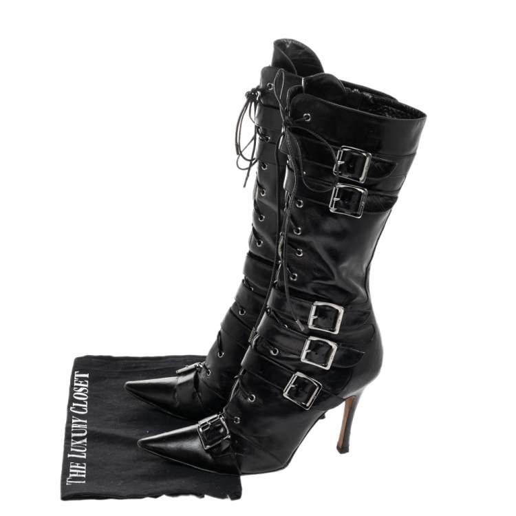 Pre Owned Dior Black Leather Buckle Calf Length Boots Size 37.5