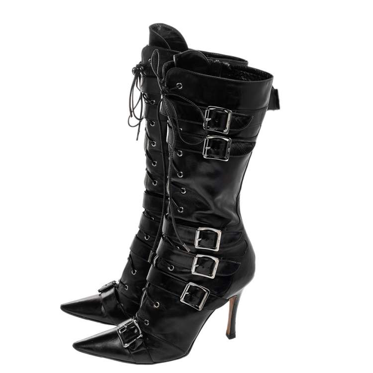 Pre Owned Dior Black Leather Buckle Calf Length Boots Size 37.5