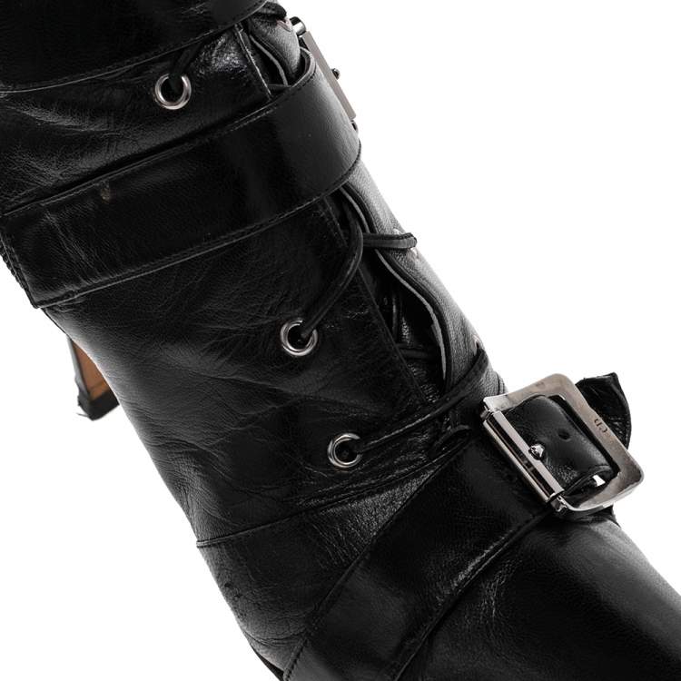 Pre Owned Dior Black Leather Buckle Calf Length Boots Size 37.5
