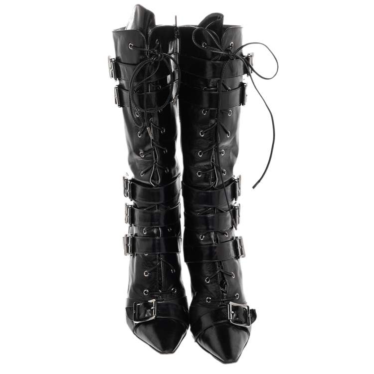 Pre Owned Dior Black Leather Buckle Calf Length Boots Size 37.5
