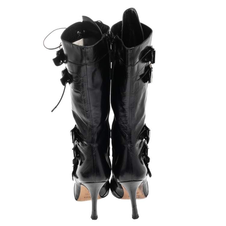 Pre Owned Dior Black Leather Buckle Calf Length Boots Size 37.5