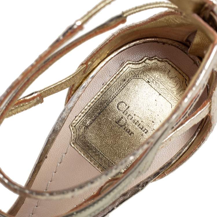 Pre Owned Dior Gold Snakeskin and Patent Leather Strappy Sandals Size 38.5