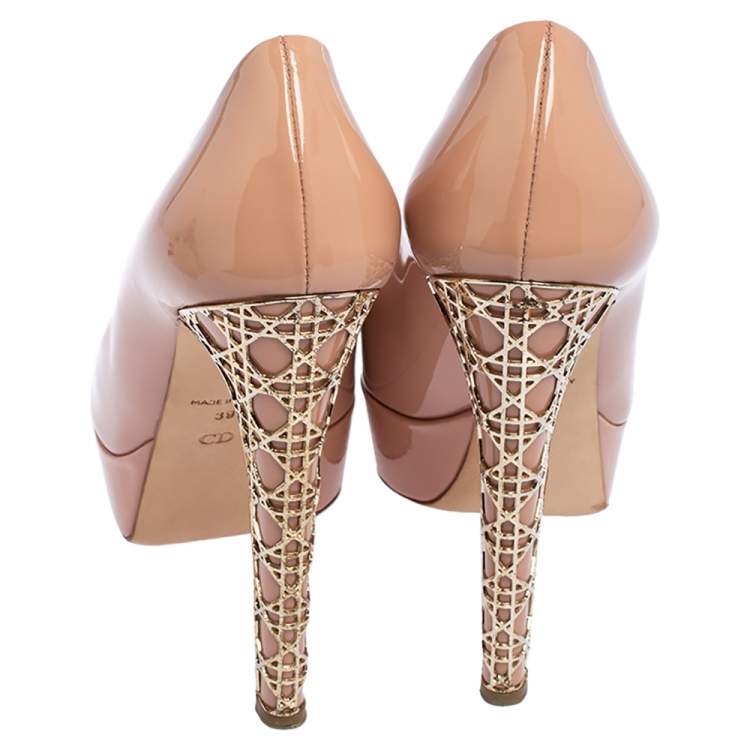 Pre Owned Dior Pink Patent Leather Metal Cannage Peep Toe Platform Pumps Size 39
