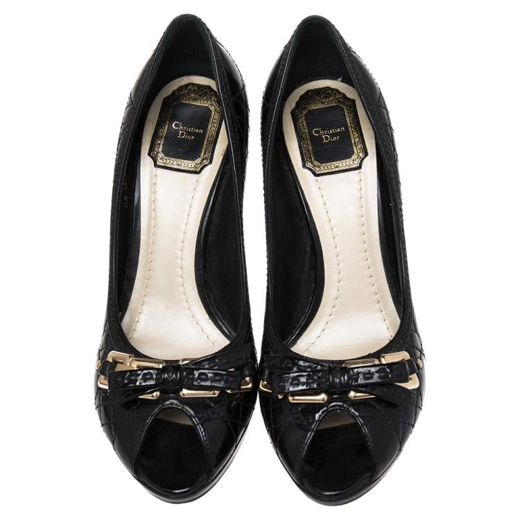 Pre Owned Dior Black Cannage Patent Leather Peep Toe Bow Pumps Size 39