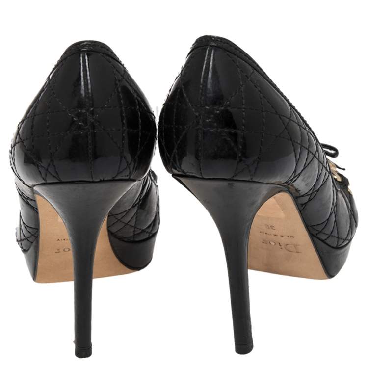 Pre Owned Dior Black Cannage Patent Leather Peep Toe Bow Pumps Size 39