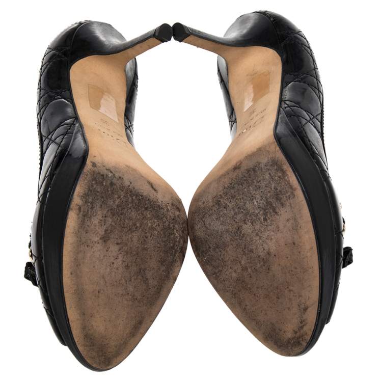 Pre Owned Dior Black Cannage Patent Leather Peep Toe Bow Pumps Size 39