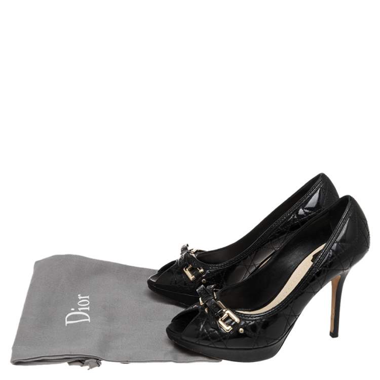 Pre Owned Dior Black Cannage Patent Leather Peep Toe Bow Pumps Size 39